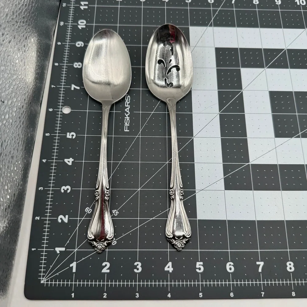 Oneida Serving Spoons Set 8.25 Stainless Arbor Rose Floral Pierced Solid 2pc